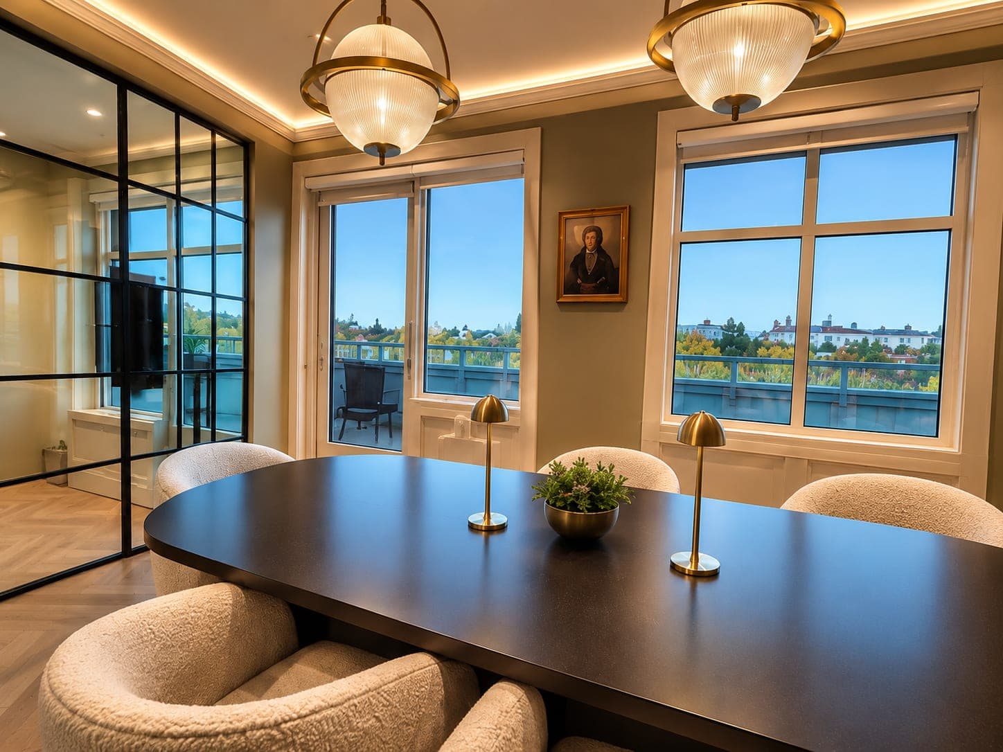 Meeting room at SiLaw Group's South Surrey office: an oval table with six chairs, windows on two sides