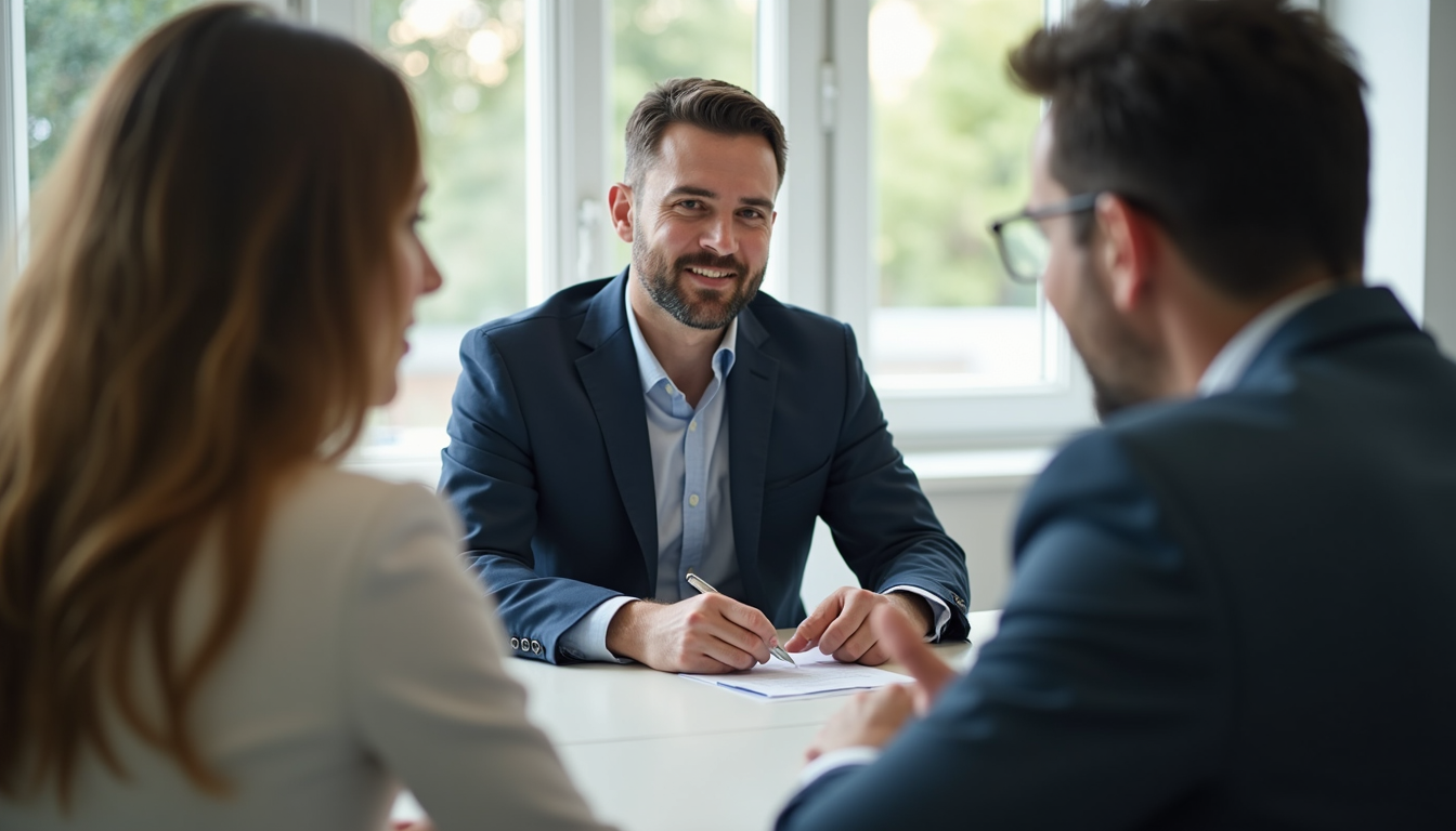 Close-up view of two people sitting at a table with a mediator facilitating discussion