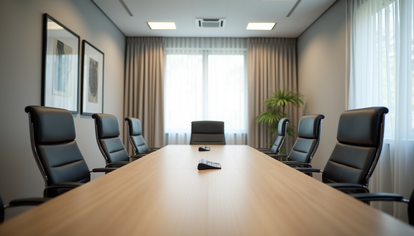 Eye-level view of a calm meeting room set up for mediation