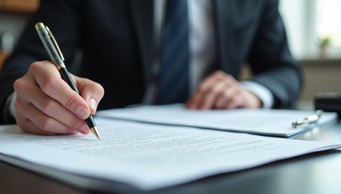 Eye-level view of a lawyer's desk with legal documents and a pen